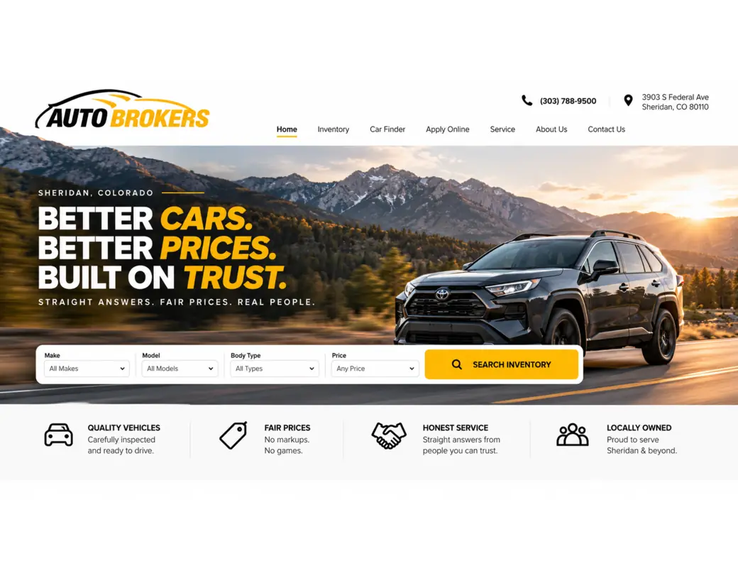 Auto Brokers website homepage designed by Spark Growth Works, featuring a Toyota SUV, Colorado mountains, and vehicle inventory search for the Sheridan, Colorado dealership.
