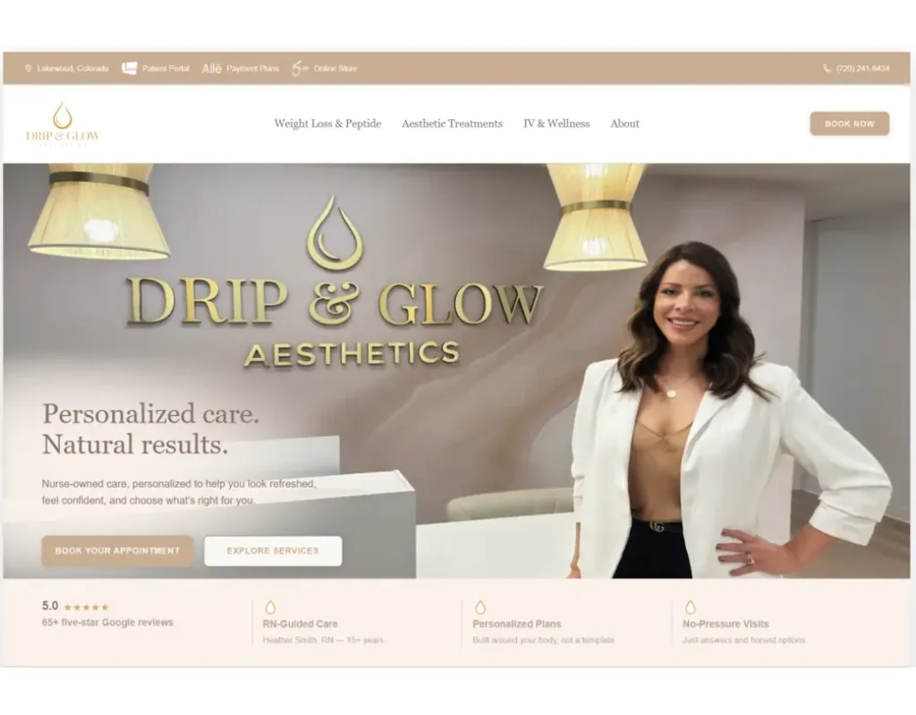 Drip & Glow Aesthetics website homepage featuring Heather Smith, RN, at her Lakewood, Colorado med spa, designed by Spark Growth Works.