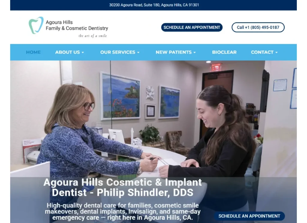 Agoura Hills Family & Cosmetic Dentistry website homepage showing a dental office reception interaction, developed by Spark Growth Works.