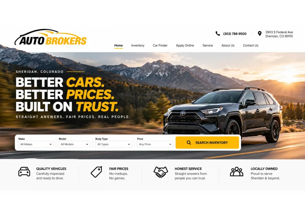 Auto Brokers website homepage featuring a Toyota SUV, Colorado mountain scenery, and vehicle inventory search for the Sheridan, Colorado dealership.