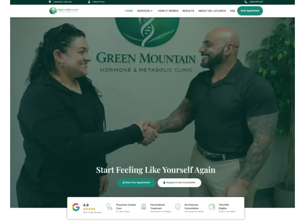 Green Mountain Hormone & Metabolic Clinic website homepage showing a patient greeting a clinic team member in Lakewood, Colorado, developed by Spark Growth Works.