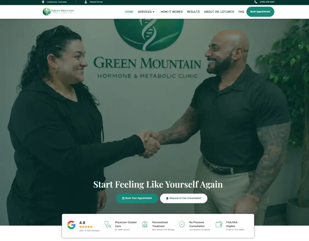 Green Mountain Hormone & Metabolic Clinic website homepage featuring Dr. Jacob LoTurco, designed by Spark Growth Works.