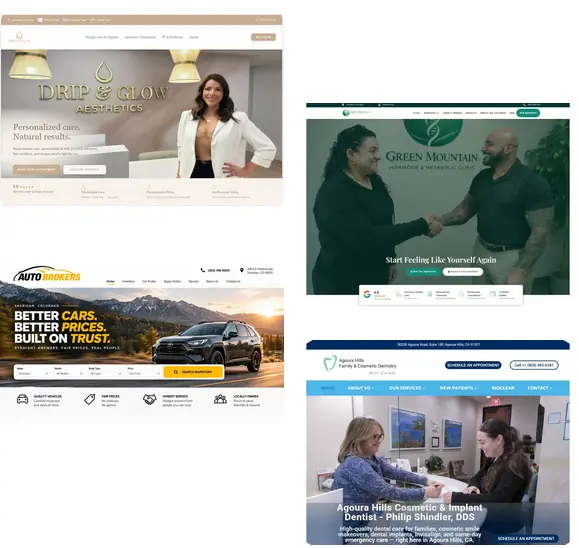 Spark Growth Works portfolio collage showing website projects for Drip & Glow Aesthetics, Green Mountain Hormone & Metabolic Clinic, Auto Brokers, and Agoura Hills Family & Cosmetic Dentistry.